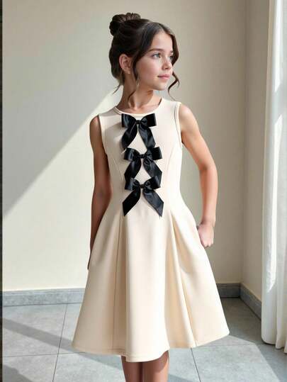 SHEIN 少女无袖A字连衣裙，白色，饰有3个黑色缎带蝴蝶结，适合春季、夏季和初秋穿着。