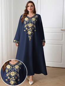 Al Najma 大码女式休闲印花V领长袖阿拉伯风格长裙 - 彩色 - 查看 1