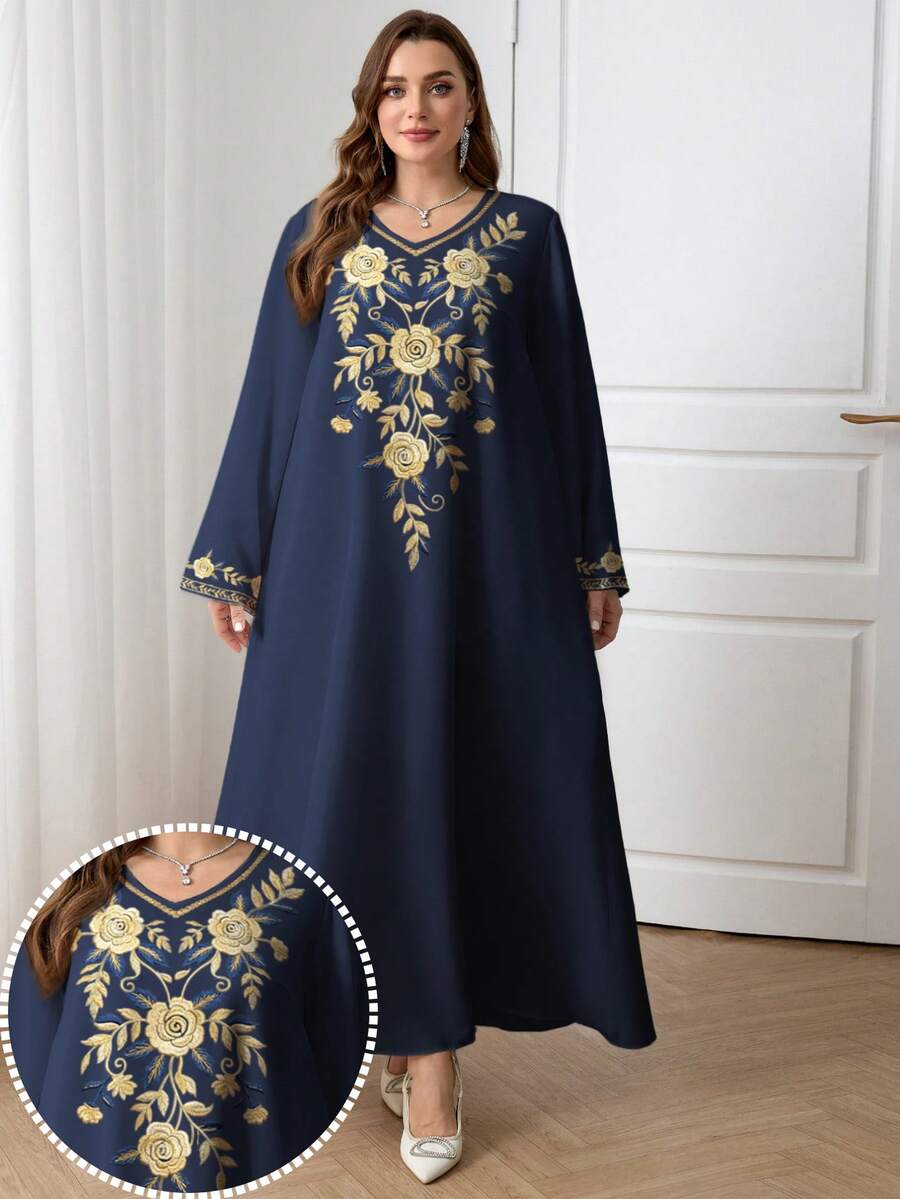 Al Najma 大码女式休闲印花V领长袖阿拉伯风格长裙 - 彩色 - 查看 1