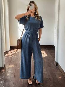 Vivie Lora 女士褶皱纹理宽松阔腿连体裤 春夏款 - 藍色 - 查看 5