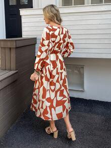 Livesso 女士宽松圆领几何印花系带中长连衣裙 - 深紅色 - 查看 3