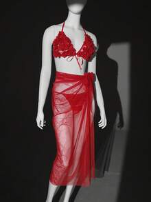 SHEIN Valentine's Day Women's Sexy Mesh 3D Rose Floral Lingerie Set - Red - View 6
