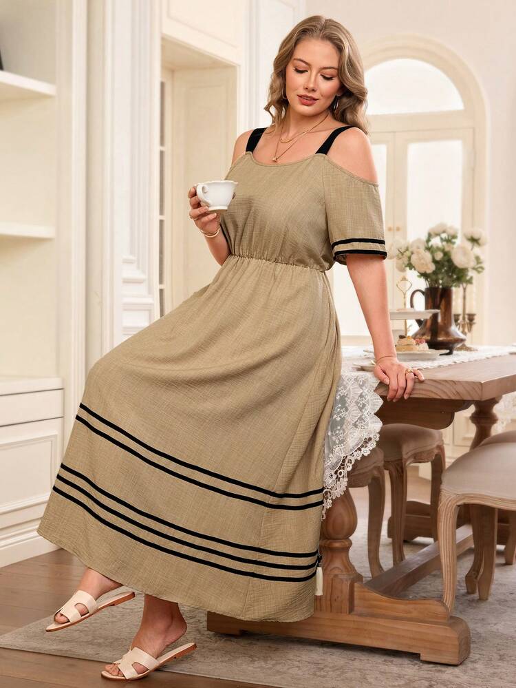 Plus Size Contrast Trim Off-Shoulder Cami Dress