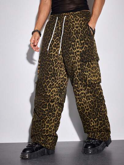 ROMWE MEN Men's Leopard Print Casual Drawstring Waist Cargo Pants