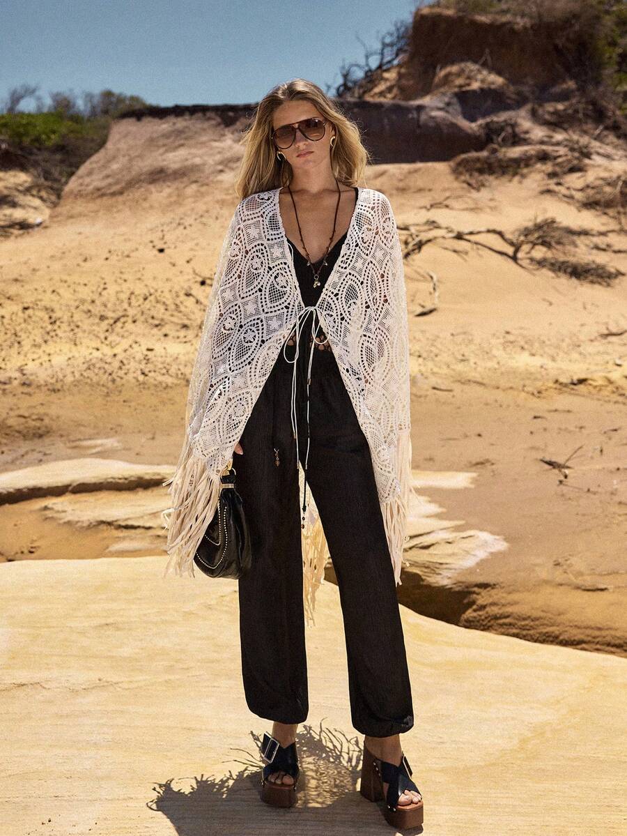 MOTF STUDIO WOMEN'S EMBROIDERED CROCHET-LOOK PONCHO STYLE BOHEMIAN TASSEL TIE SHAWL