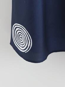 EMERY ROSE Plus Size Women's Early Spring Navy Blue & White Placement Print Casual Loose Linen Blend Dress - Blue - View 6