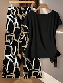 EMERY ROSE Bộ đồ cỡ lớn in họa tiết sọc trừu tượng, gồm 2 món, thích hợp cho kỳ nghỉ. - Nhiều màu - Xem 2