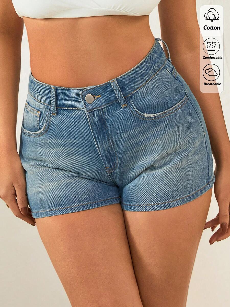 SHEIN Cottnline Women's High Waist Pocketed Casual Versatile Denim Shorts Jeans For Women Work Aqua Blue Summer - Medium Wash - View 1