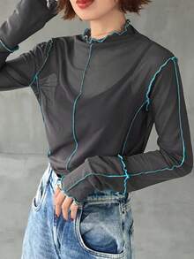 FRIFUL 女士荷叶边圆领长袖网纱透视休闲衬衫 - 灰色 - 查看 6