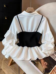 GlowEve CURVE 大码女式翻领纽扣二合一拼接时尚通勤灯笼袖衬衫 - 白色 - 查看 2