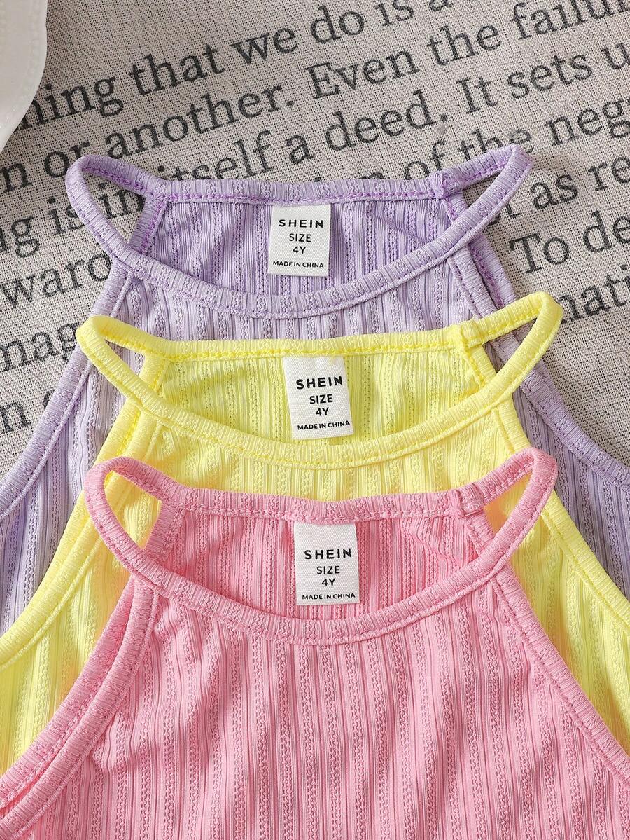 SHEIN LMoss Kids 三件套:纯色针织无袖上衣和条纹针织无袖上衣,适合年轻女孩 - 彩色 - 查看 1