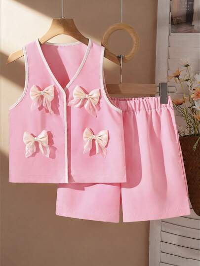 Set de 2 piezas de top sin mangas de rayas tejido con decoración de lazo y shorts casuales sueltos de cintura elástica para niñas, verano