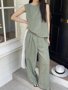 DAZY Women's Striped Crew Neck Sleeveless Top And Wide Leg Pants Set, Suitable For Study And Daily Wear - Green - View 6