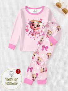 一套女童爱心印花撞色领口袖口针织紧身圆领长袖上衣和印花长裤睡衣套装 - 粉色 - 查看 1