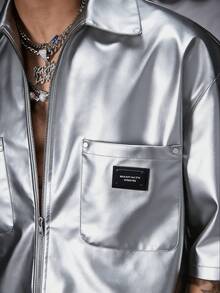 AXEPEAK Men's PU Leather Letter Embroidered Loose Woven Short Sleeve Shirt - Silver - View 4