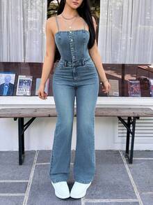 SHEIN EZwear 女士纯色修身无袖牛仔连体裤 - 藍色 - 查看 3