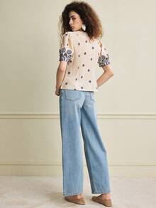 Écloséra Women's Light Apricot Embroidered Print Blouse, Summer Top, Pearl Button, Puff Sleeves, Round Neck, Fitted Waist. Suitable For Summer Wear, Springs, Valentine's Days, Elegant Women's Blouses, Women's Summers, Holidays, Women's Casual Top, Women's Patterned Blouses, White Top, Commuting Fashion, And Other Women's Blouse Styling Options.Fashionable Casual Commuter Wear, Business Office Wear, Versatile And Stylish Everyday Casual Wear, Urban Teacher's Professional Attire - Apricot - View 3