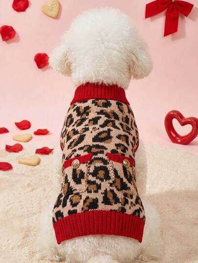 Red Leopard Print Bow Pet Sweater – Autumn/Winter New Style Pet Clothes For Teddy & Golden Retriever Large Dogs