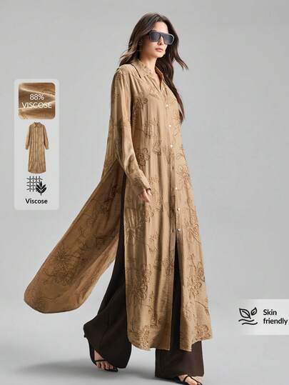 Ontre 2026新款春夏女式梭织衬衫，适合情人节、婚礼季穿着，纽扣装饰，质感面料，绳绣，设计元素丰富，杏色，宽松版型，侧开衩，适合独立日、都市时尚、简约通勤风，长款衬衫，舒适简约，优雅大方，是教师节、下午茶聚会的理想之选。