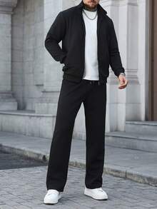 Manfinity CasualCool Men's Solid Color Zip Front Jacket And Drawstring Waist Long Pants Casual Suit - Black - View 6