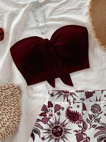 Soleia Multicolor Women's Shirred Bandeau Neck Knitted Two Piece Outfit Sleeveless Crop Top And Plant Pattern Short Skirt Casual Set Summer Two Piece Sets High Waisted Two Piece Set - Multicolor - View 5