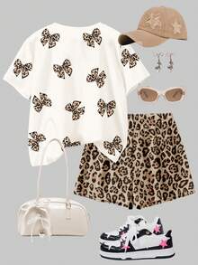 猎豹纹蝴蝶结图案T恤和短裤两件套，休闲简约圆领短袖T恤和短裤，适合春夏日常穿着，少女轻松舒适，休闲时尚，返校季必备，休闲风格，轻松别致 - 彩色 - 查看 3