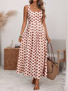 Florisole 女士U领宽肩带收腰褶裥露背可调节系带露背A字中长连衣裙，浪漫波点，优雅法式复古简约风，适合办公室、通勤、商务、休闲、海滩、春夏穿着。 - 彩色 - 查看 4
