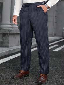 Manfinity Bizformal 男士条纹纽扣休闲百搭通勤商务裤 - 藏蓝色 - 查看 3