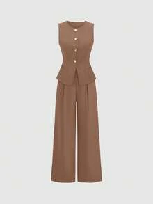 Sweetra Women's Casual/Office Commute Minimalist Solid Color Single-Breasted Vest And Pleated Wide Leg Pants Suit - Brown - View 3