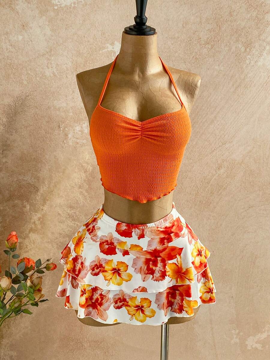 Soleia Orange Halter Top & Printed Mini Skirt 2 Pieces Set, Women's Holiday Outfit - Multicolor - View 1