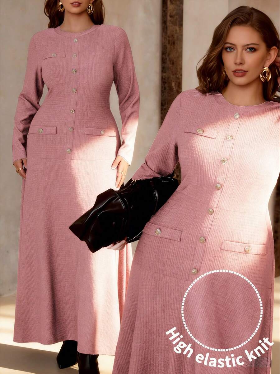 Roveilla 大码女士优雅复古法式风格商务通勤纯色纹理面料圆领前金属纽扣腰部A字长袖连衣裙，适合派对、万圣节、圣诞节、感恩节、下午茶、新年等场合。 - 粉色 - 查看 1