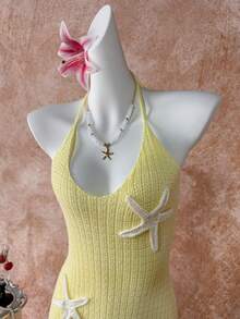Elamini Y2K春夏女式沙滩度假休闲甜美海星钩针编织吊带裙 - 淡黃色 - 查看 4