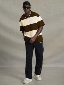 PAVTROS 男士圆领短袖条纹简约 T 恤，休闲日常穿着 - 咖啡棕 - 查看 2