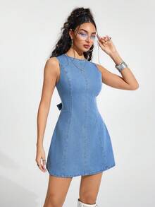 Jeanoix Đầm denim không tay hở lưng buộc dây dành cho nữ - Rửa nhẹ - Xem 5