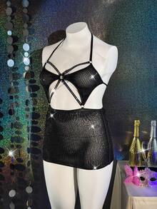 MidnightGlam Đầm lót gợi cảm cổ yếm màu trơn đính sequin khoét hở dành cho nữ cỡ lớn - màu đen - Xem 6