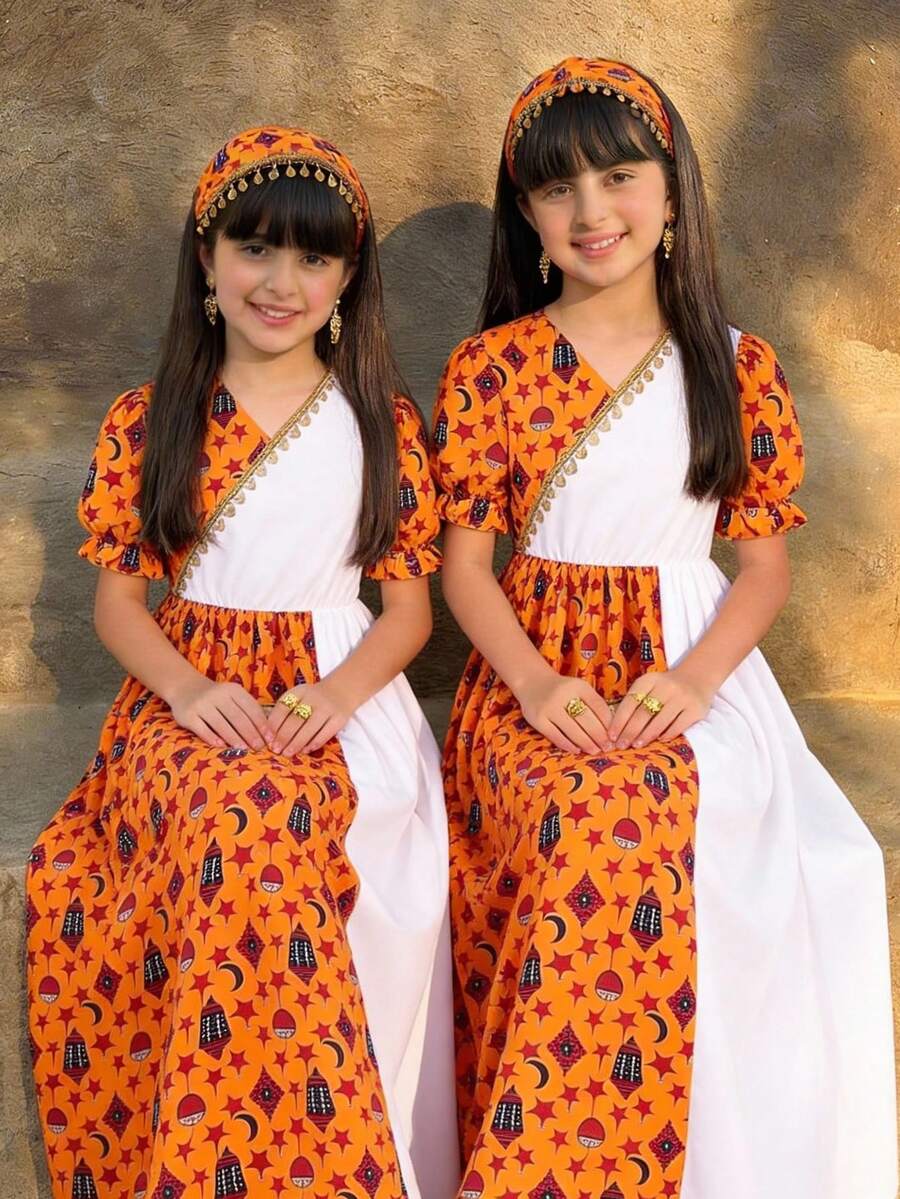 少女优雅传统斋月印花拼接连衣裙 - 彩色 - 查看 1