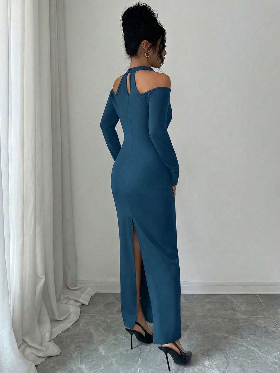 Elenzga Rochie elegantă, sexy, mulată, pentru femei, pentru petrecere de nuntă, cu mânecă lungă și guler înalt, cu model patchwork din dantelă, culoare solidă, toamnă/iarnă - imagine 2