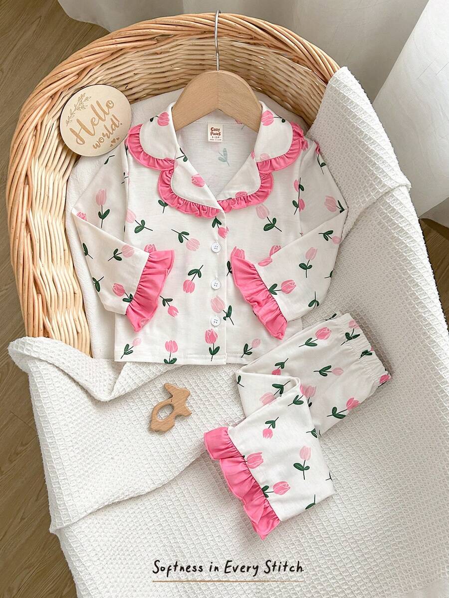 Cozy Pixies 2件套幼儿女童花卉郁金香玫瑰印花荷叶边长袖开衫和松紧腰裤套装 - 彩色 - 查看 1