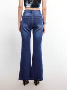 Bloopia 女士印花口袋休闲复古喇叭牛仔裤 - 藍色 - 查看 2