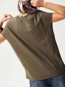 Bohemela Casual Solid Color Knit Round Neck Short Sleeve Loose Washed Women T-Shirt, Retro Graphic Tee, Carnival, Summer Tops, Spring - Army Green - View 7