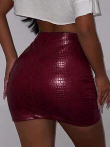 BamGleam Women's Sexy Burgundy Bodycon Mini Skirt With Knot Detail In PU Leather Look - Burgundy - View 2