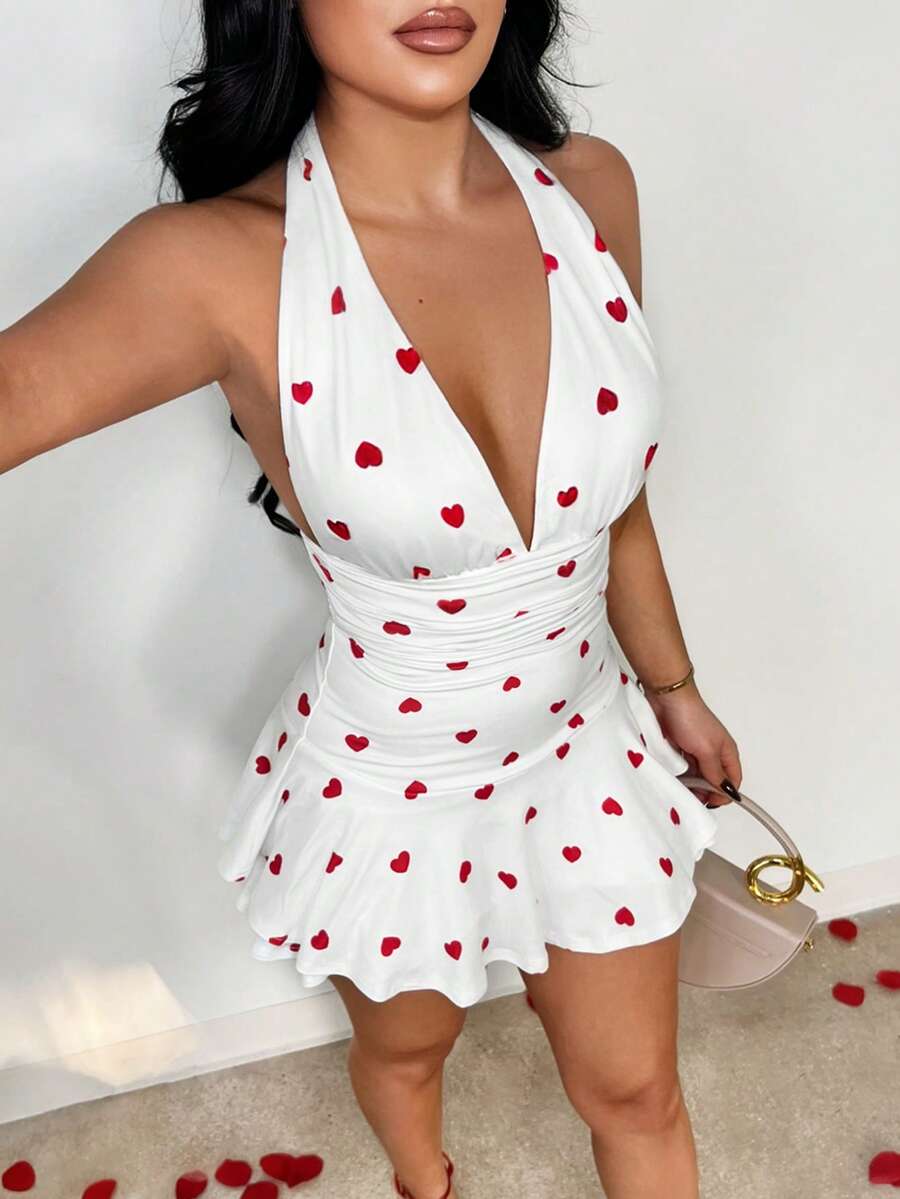 SHEIN SXY 女士露背吊带爱心印花优雅束腰连体裤，适合情人节、约会、派对等场合 - 彩色 - 查看 1