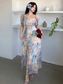 DAZY 女士优雅印花长连衣裙，方领设计，夏季款 - 粉色 - 查看 4