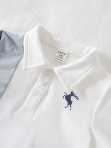 SHEIN 2件套幼儿男童休闲撞色短袖polo衫和短裤套装，春夏男婴服装，套装 - 藏蓝色 - 查看 6