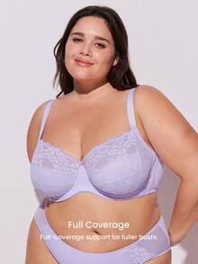 LUVLETTE Plus Woman Full Coverage Lingerie Lounge Curve Support & Breathable Purple Underwire Sexy Unlined Minimizer Lace Elegance Bra Bridal Intimates - Mauve Purple - View 4