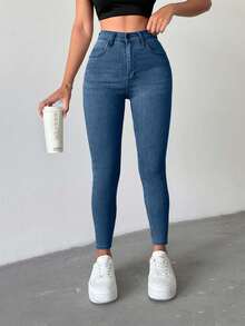 SHEIN Petite High Waist Casual Skinny Jean - Medium Wash - View 5