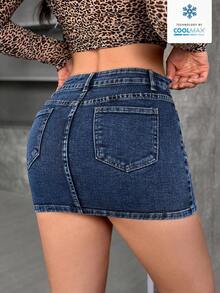 SHEIN PETITE Slim Fit Casual Denim Skirt With Belt Loops - Dark Wash - View 2