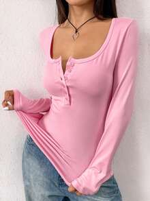 INAWLY 女士秋季简约纯色纽扣长袖T恤 - 粉色 - 查看 3