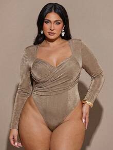 SHEIN BAE Plus Size Women's Black Long Sleeve Crossover Neck Ruched Bodysuit - Brown - View 3