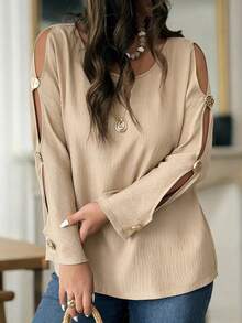 SHEIN LUNE Camisa Cáqui Ombro a Ombro de Manga Longa com Botões Metálicos, Adequada para Férias Casuais na Primavera e Verão, Plus Size para Mulheres - Caqui - Visão 1